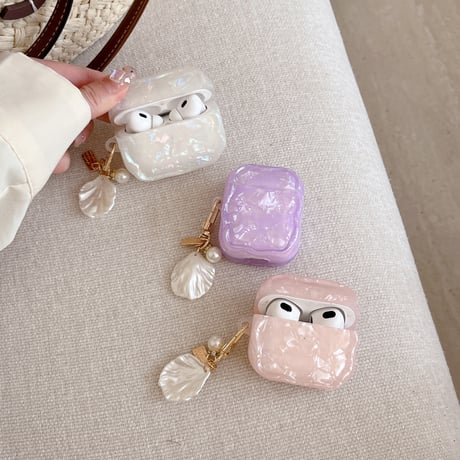シェル柄 Airpods 4ケース 淡色系 貝殻キーチェーン Airpods3/Pro2ケース airpodsproカバー 大人可愛い トレンド人気[M5166]