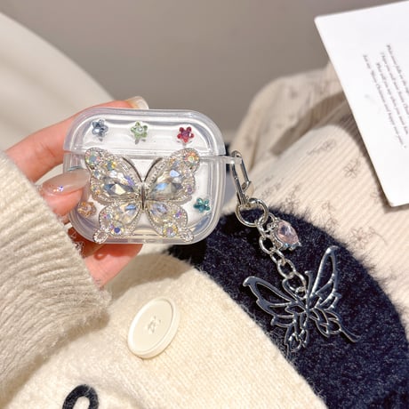 女子力高い Airpods 4ケース ダイヤ蝶 Airpodspro2/proカバー  Airpods3/2 チョウキーホルダー めっちゃ可愛い 丈夫[M5043]