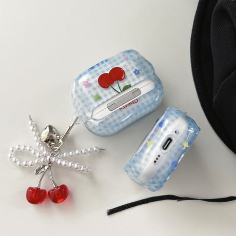 チェリー Airpods Pro3ケース チェック柄 Airpods4/3カバー pro2/pro1 うねうね リング/キーホルダー[M6519]