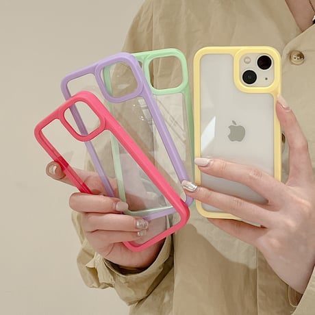 頑丈黄ばまないiphone14/13proケース 透明 アクリル素材 アイフォン12/11カバー  カラー枠 お揃い 男女向け 持ち運びやすい[M2942]