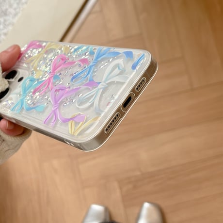 動くダイヤ iPhone15/15proケース リボン柄 iPhone14/13pro/12クリアケース かわいい女子力アップ[M4506]
