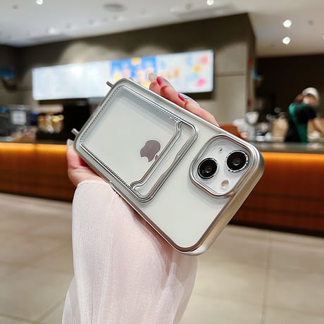 カード入れ iPhone15pro/16ケース ストラップ付 メッキ アイフォン14/13/SEカバー 便利 シンプル[4347]