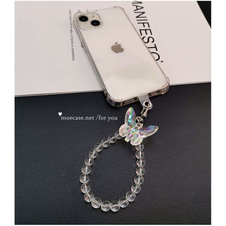 四角耐衝撃加工 透明iPhone15/14Proケース キラキラ蝶ストラップ付 iPhone13mini/12/11proクリアカバー 落下防止 シンプル オシャレ 便利[M2667]