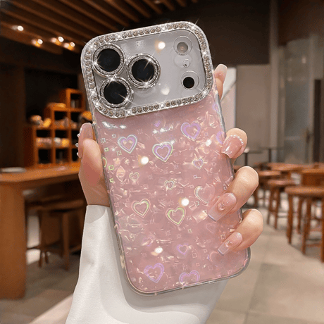 ジュエリーカメラカバー iPhone17Pro/17ケース シェル柄 キラキラハート入り iPhone17promax/Air/16proケース 大人可愛い 美しい[M5722]