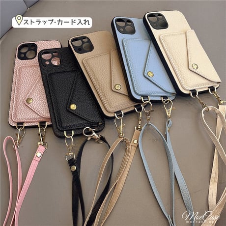 ICカード入れ iphone16Pro/14/15ケース レザー アイフォン13/12/11カバー 長さ調整可ストラップ付 肩掛け 全面保護 頑丈[M2866]