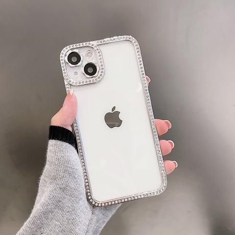ジュエリー枠 iphone14pro/14plusケース  花のカメラレンズ iphone13/12/11カバー シルバーカラー枠クリアケース[M2331]