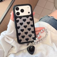 ハート柄ミラーiPhone17/17Proケース ブラック系 iPhone16Pro/15/14ケース ビーズストラップ 丈夫 [M6403]