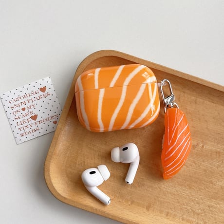 サケ Airpods Pro3ケース サーモン寿司キーホルダー Airpods4/3カバー pro2/pro1 リング 美味しそう[M6383]