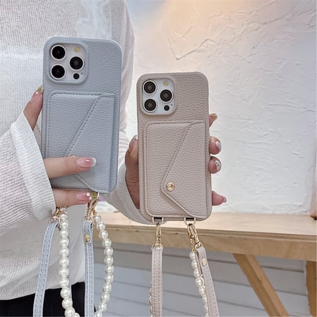 ICカード収納 iPhone15pro/15カバー パールストラップ/革ショルダー付 アイフォンSE/14pro/13プロケース 高品質便利 [M4325]