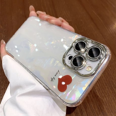 シェル風 iPhone16/14/15proカバー ハート柄 キラキラレンズフィルム付 オシャレ 綺麗 女子力アップ お揃い [M3520]