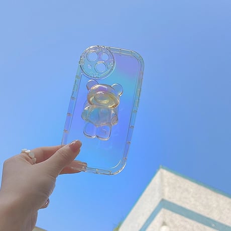 キラキラクマさんグリップ付 iphone14/13proケース  レインボーカラー iphone12/11カバー  可愛い  お洒落 多機能 綺麗透明感[M2181]