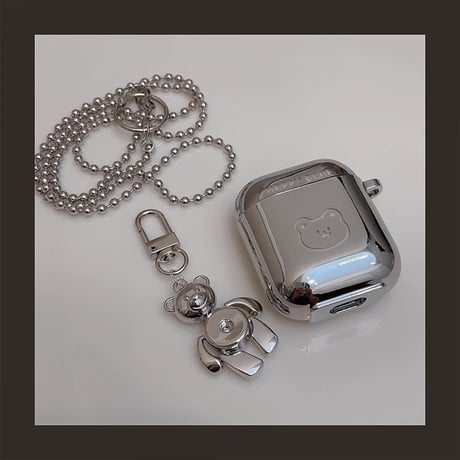 Airpods 4ケース 熊柄 チャーム付 ショルダーチェーン エアポッズPro2/Pro1カバー つや感シルバー Airpods3/2 人気品[M4706]