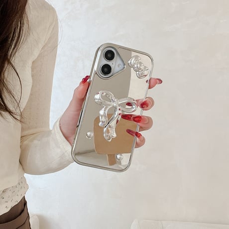 リボン ミラーiPhone16/16proカバー ストラップ付 iPhone15pro/14/13promaxケース かわいい メイク直し 女子力UP [M5088]