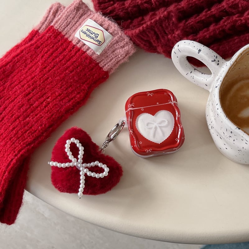 ハート形とリボン柄 AirPods Pro 3ケース ワインレッド 毛玉