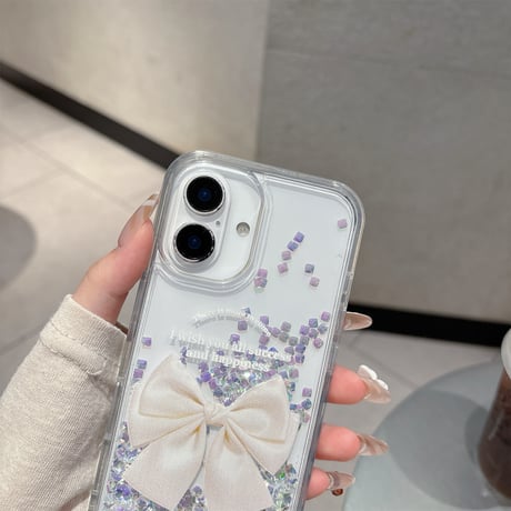 動くダイヤ iPhone16pro/17ケース リボン柄 透明iPhone15pro/14/13カバー オシャレ キラキラ 可愛い [M5557]
