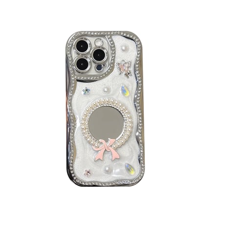 可愛い鏡付 iPhone16pro/16ケース パール/ジュエリー iPhone15/14pro/13promax/12カバー うねうね おしゃれ[M5271]