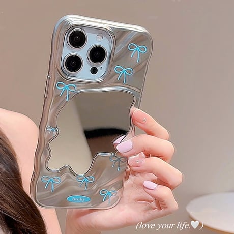 鏡付 iPhone16pro/16ケース ブルーリボン柄 iPhone15pro/14/13promaxカバー ガーリーに人気 メイク直し鏡[M5533]