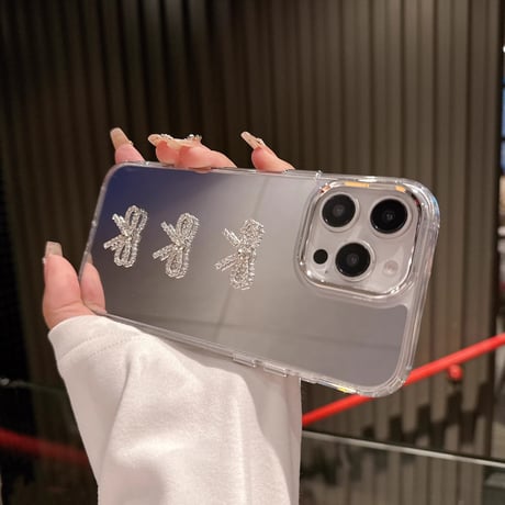 ジュエリーリボン iPhone16pro/16カバー メイク鏡付 iPhone15ptomax/14pro/13ケース おしゃれ 上品 可愛い [M5124]