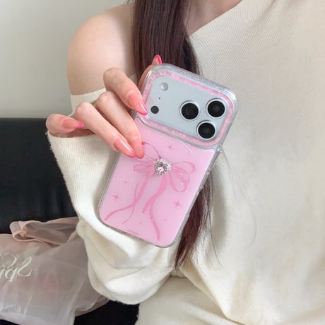 ピンクハートダイヤ iPhone17Pro/17ケース リボン柄 iPhone17Promax/16Pro/15ケース キラキラ かわいい[M6141]