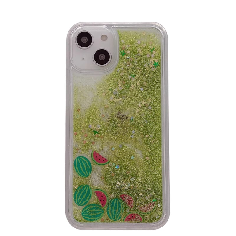 流れるグリッター/スイカ/アボカド iPhone14/13miniケース 液体