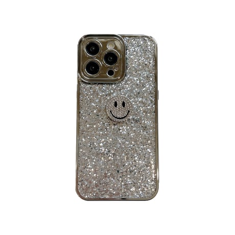 銀色 iPhone15/15proケース キラキラグリッター iPhone14/13pro/12ケース にこちゃん ストラップ付[M4300]