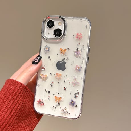 春夏向け アイフォン16pro/15ケース 花/蝶デコ iPhone14/13pro/12カバー 透明 大人可愛い 丈夫[M5154]
