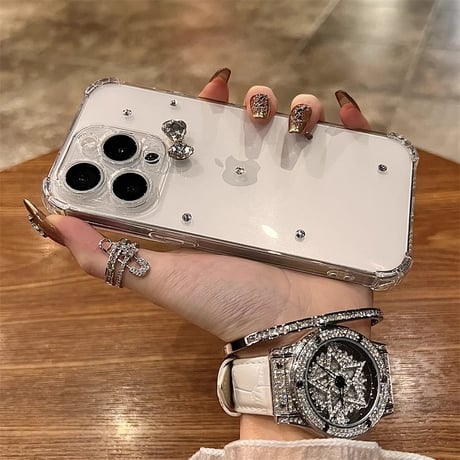 ダイヤリボン iPhone16/16Proケース 四角耐衝撃 iPhone15/14/13/12Proクリアカバー シンプル ハンドメイド ガーリーファッション [M5045]