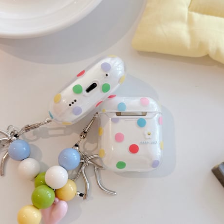 多彩水玉模様 Airpods Pro3ケース ハートリボンキーホルダ付き Airpods 4/3カバーケース AirpodsPro2/1 かわいい ギフトにおすすめ [M6401]