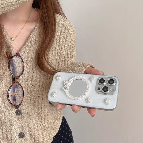 鏡 iPhone15/15proケース パール/宝石 アイフォン14/13pro/12ケース かわいい 女子力高い[M4486]