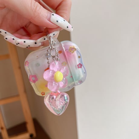 ラメ花 Airpods Pro3ケース 花/ハートキーホルダー Airpods4/3カバー pro2/pro1 うねうね ギフトにおすすめ[M6414]