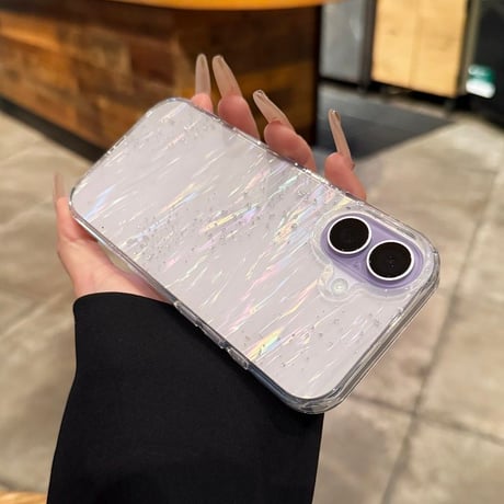 iPhone17ケース セージ/ラベンダーに合う シェル風 キラキラ感 iPhone17Pro/16/15カバー 光る お洒落 グラデーションカラー [M6039]