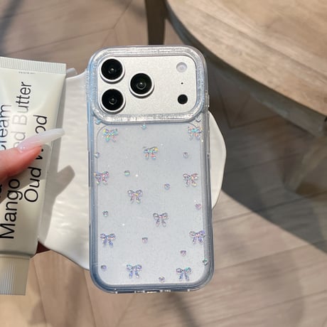 キラキラリボン iPhone17pro/17ケース 甘めコーデ  iPhone16promax/15pro/14ケース  女子力高い キラキララメ[M6180]