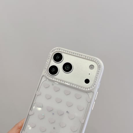 リベット付ハート持ち手 iPhone17Pro/17ケース ハート柄 ダイヤデコ iPhone16Promax/15proケース 便利 可愛い[M6522]