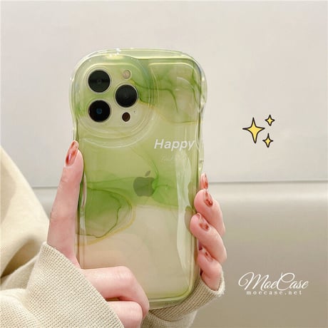 抹茶グリーン暈し染め iPhone13/14カバー Happy高級感 iphone12pro/11ケース  可愛い 透明感 頑丈 波紋枠 落下防止 [M2881]