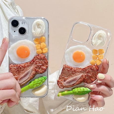 ステーキ/目玉焼き iphone17/16proケース 立体食べ物/野菜 アイフォン15/14promaxケース 面白い 美味しそう クリアケース ギフトにおすすめ[M3203]