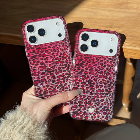 キラキラヒョウ柄 iPhone17/17Proケース きれいラメ iPhone17Promax/16Pro/15カバー 白ハート柄 ガールズに人気 [M5966]