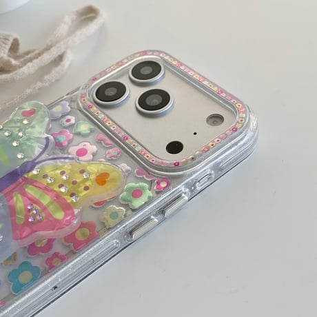 蝶グリップ iPhone17pro/17ケース 花柄 iPhone16/15promax/14ケース かわいい 多機能便利[M6205]