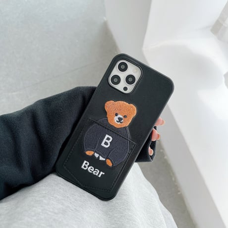 カード収納 iphone14Plus/13promaxケース 刺繡入りクマちゃんiphone12mini/11保護カバー  カップルお揃い 皮製 高品質[M2154]