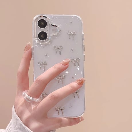リボン iPhone16/16Proケース キラキラ クリア iPhone15pro/14/13Proカバー 女子力高い 大人可愛い[M4917]