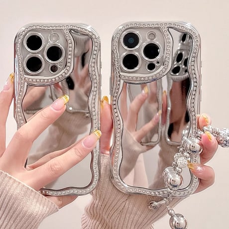 ジュエリー鏡付 iPhone16pro/16ケース ビーズチェーンストラップ アイフォン15pro/14/13proケース 大人可愛い 女子力UP メイク直しに便利[M5194]