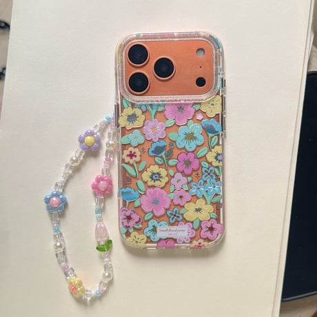 カラー花 iPhone17pro/17ケース キラキラ感 iPhone16promax/15proケース 花ストラップ 女子力高い[M6214]