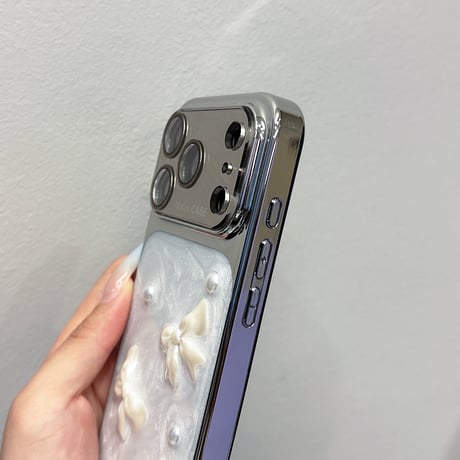 メッキミラー iPhone17Pro/17ケース リボンと真珠 iPhone16Pro/15Pro/14ケース 丈夫 人気デザイン[M6484]