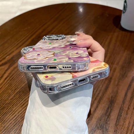 花柄 iPhone15/15Plusケース 光る油絵 綺麗 iPhone14/13proカバー ガールファッション 頑丈 かわいい 耐久性 [M3543]