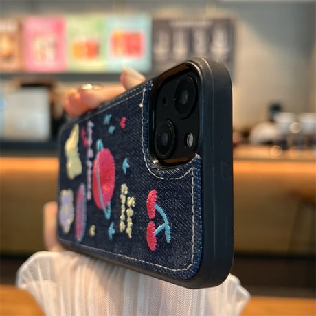 刺繡 星 花 iPhone14/14proカバー  デニム素材  アイフォン13/12/11ケース  可愛い 高品質  高級感  [M2250]