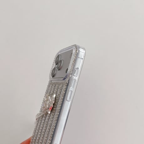 ジュエリー iPhone17Pro/17ケース フリンジダイヤリボン iPhone16Pro/15/14ース 豪華 リボンストラップ付[M6521]