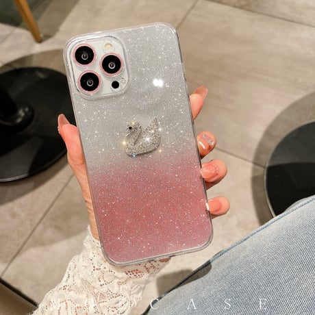 ジュエリーハクチョウ iPhone14/15Proケース 豪華 アイフォン13/12/11カバー ラメ入りシール カメラレンズフイルム付き 綺麗 お洒落[M2743]