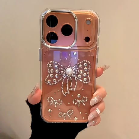 ダイヤリボン iPhone17Pro/17ProMaxケース パール iPhoneAir/17/16Proケース ハンドメイド  キラキラ 綺麗 [M5726]