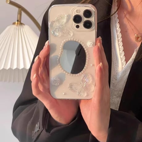 パール鏡付 iPhone15/15proケース  蝶/花 iPhone14pro/13mini/12proカバー 透明 綺麗 女子力アップ[M3990]
