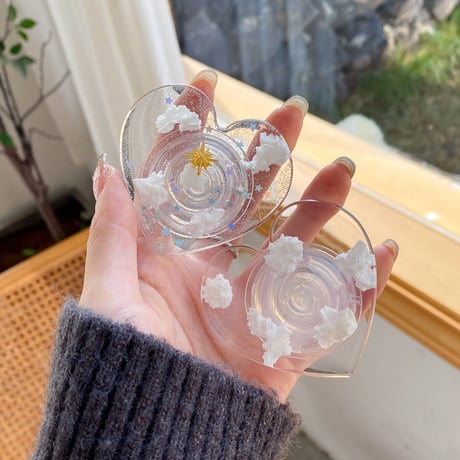 曇ハート スマホグリップ   伸び縮み式 オシャレラメ入り  透明グリップトーク  スマホリング  キラキラ 落下防止 卓上スタンド 可愛い 便利M1456