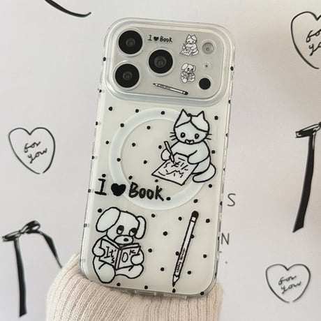 本を読むわんちゃん  iPhone17Pro/17ケース グリップ付き MagSafe対応 iPhone17ProMax/16/15Proカバー かわいい ギフトにおすすめ[M6190]